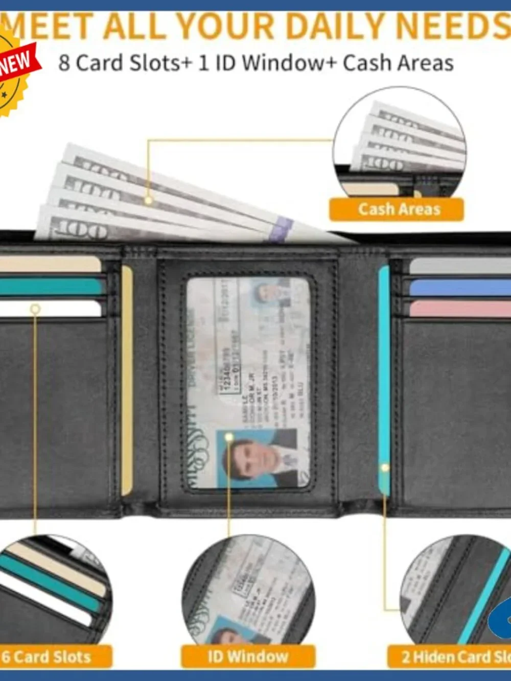 Slim Genuine Leather Trifold Wallet RFID Blocking 8 Card Slots ID Window